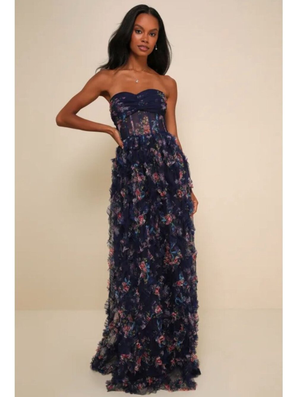 NWT Lulus Stunning Element Navy Floral Mesh Ruffled Strapless Maxi Dress - Small